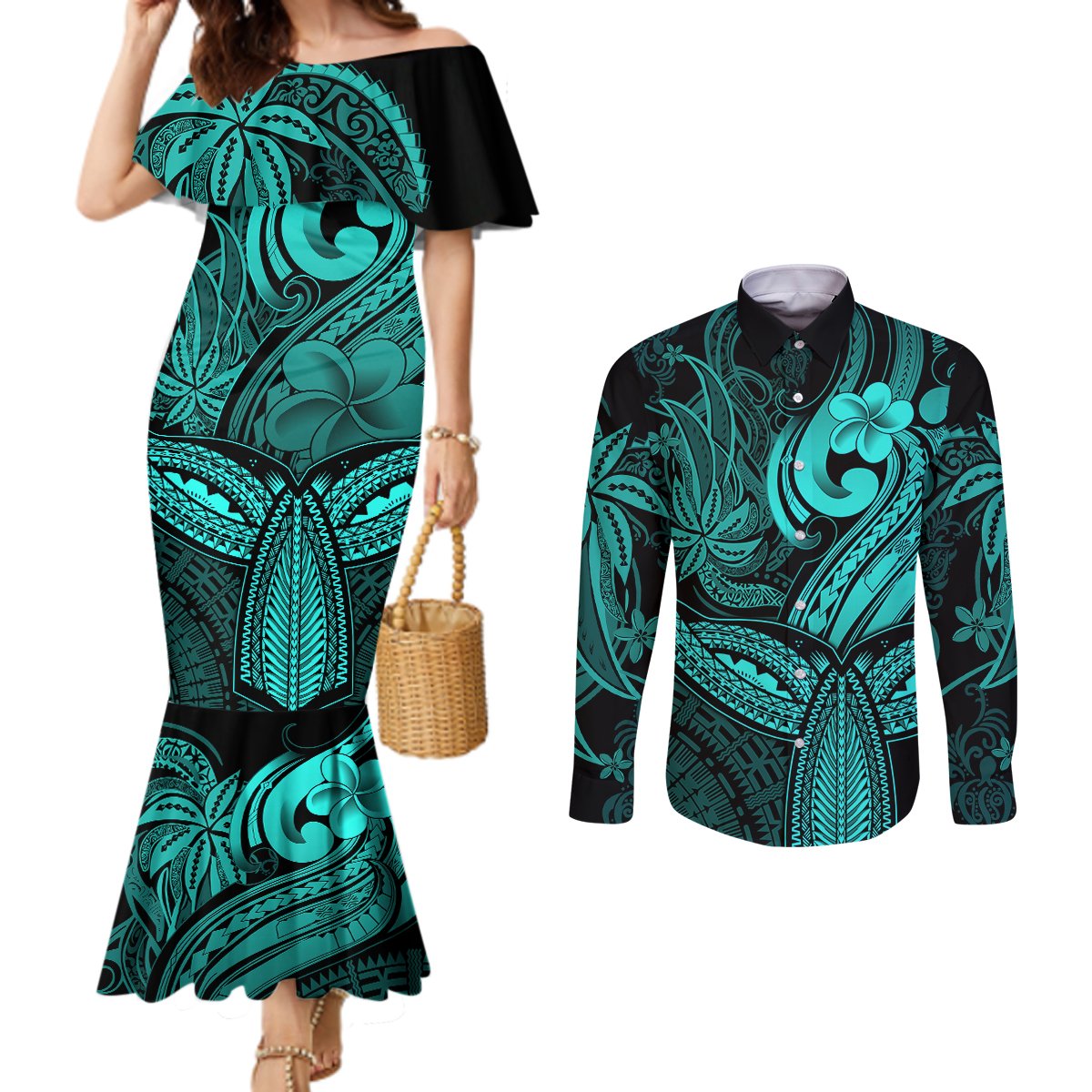 Polynesia Couples Matching Mermaid Dress and Long Sleeve Button Shirts Whale Tale and Polynesian Sunset Plumeria Turquoise LT9 Turquoise - Polynesian Pride