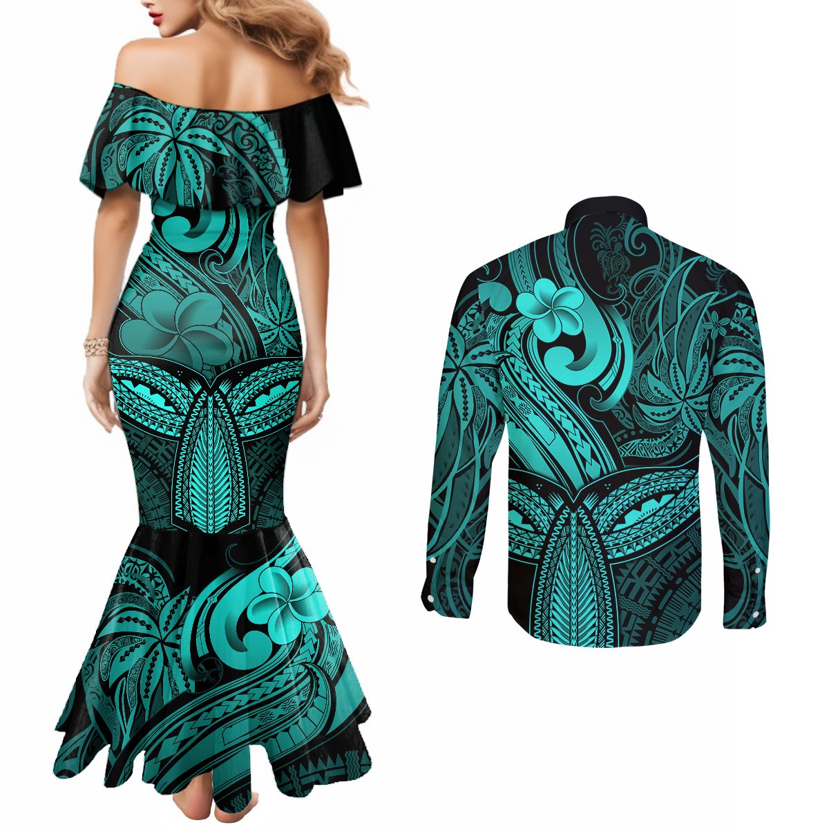 Polynesia Couples Matching Mermaid Dress and Long Sleeve Button Shirts Whale Tale and Polynesian Sunset Plumeria Turquoise LT9 - Polynesian Pride