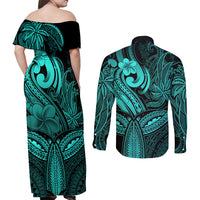 Polynesia Couples Matching Off Shoulder Maxi Dress and Long Sleeve Button Shirts Whale Tale and Polynesian Sunset Plumeria Turquoise LT9 - Polynesian Pride
