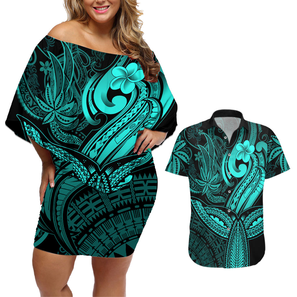 Polynesia Couples Matching Off Shoulder Short Dress and Hawaiian Shirt Whale Tale and Polynesian Sunset Plumeria Turquoise LT9 Turquoise - Polynesian Pride