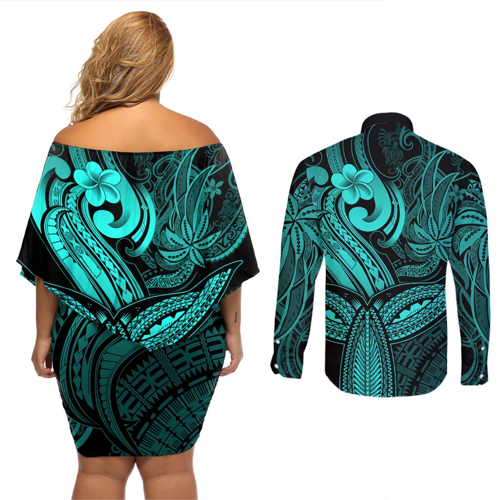 Polynesia Couples Matching Off Shoulder Short Dress and Long Sleeve Button Shirts Whale Tale and Polynesian Sunset Plumeria Turquoise LT9 - Polynesian Pride