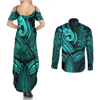 Polynesia Couples Matching Summer Maxi Dress and Long Sleeve Button Shirts Whale Tale and Polynesian Sunset Plumeria Turquoise LT9 - Polynesian Pride