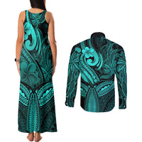 Polynesia Couples Matching Tank Maxi Dress and Long Sleeve Button Shirts Whale Tale and Polynesian Sunset Plumeria Turquoise LT9 - Polynesian Pride