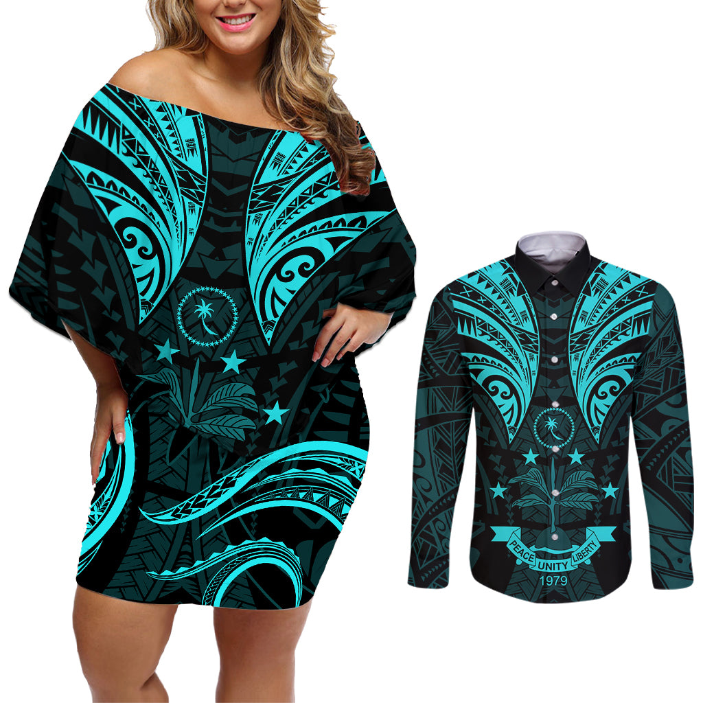 FSM Chuuk States Couples Matching Off Shoulder Short Dress and Long Sleeve Button Shirts Micronesia Vintage Polynesian Tribal Aqua Version LT9 Aqua - Polynesian Pride