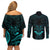 FSM Chuuk States Couples Matching Off Shoulder Short Dress and Long Sleeve Button Shirts Micronesia Vintage Polynesian Tribal Aqua Version LT9 - Polynesian Pride