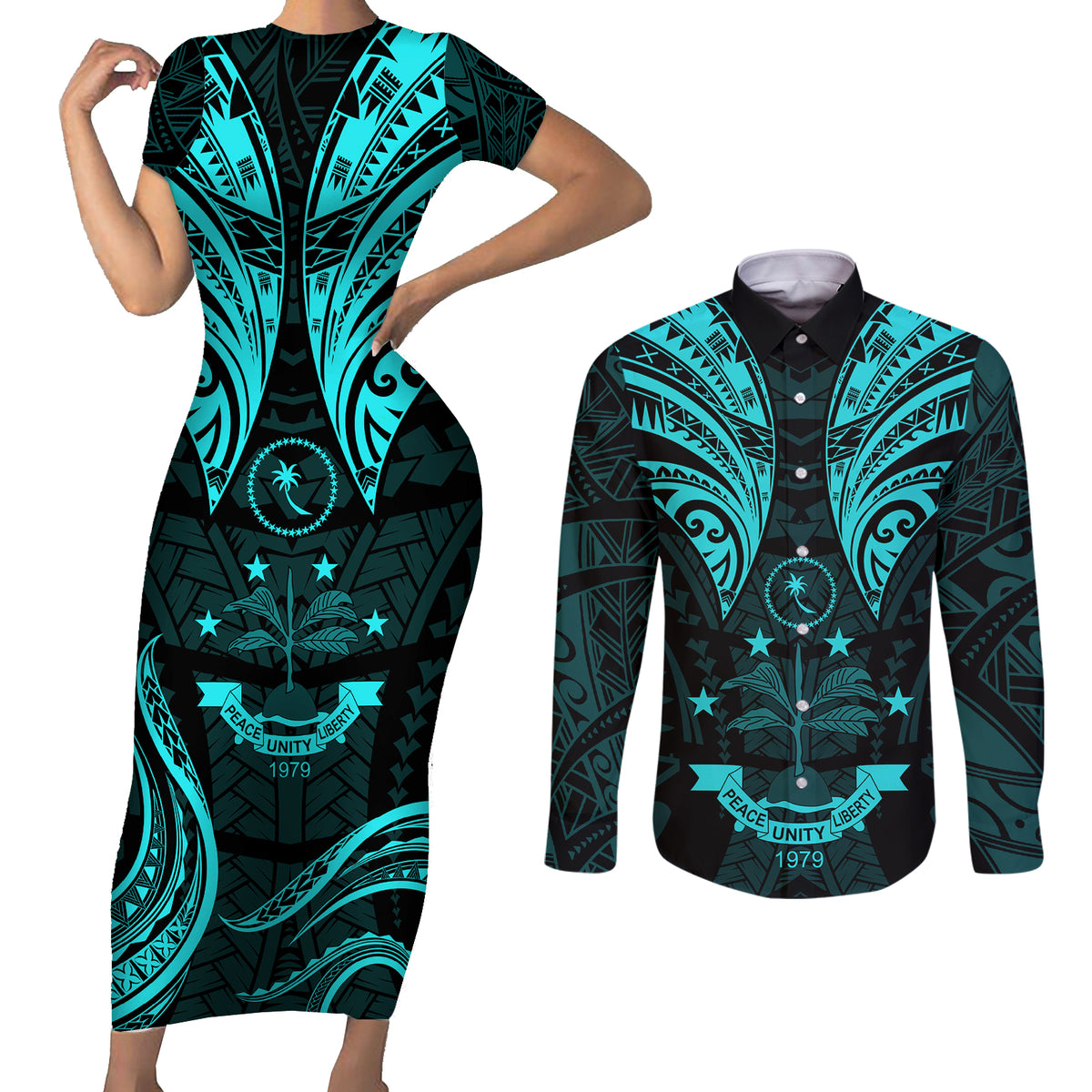 FSM Chuuk States Couples Matching Short Sleeve Bodycon Dress and Long Sleeve Button Shirts Micronesia Vintage Polynesian Tribal Aqua Version LT9 Aqua - Polynesian Pride