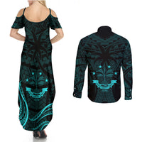 FSM Chuuk States Couples Matching Summer Maxi Dress and Long Sleeve Button Shirts Micronesia Vintage Polynesian Tribal Aqua Version LT9 - Polynesian Pride