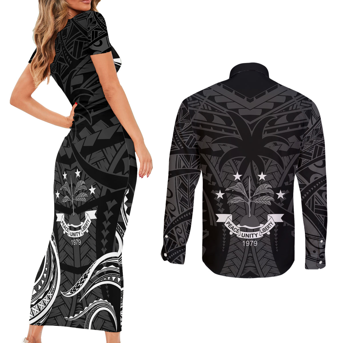 FSM Chuuk States Couples Matching Short Sleeve Bodycon Dress and Long Sleeve Button Shirts Micronesia Vintage Polynesian Tribal Black Version LT9 - Polynesian Pride
