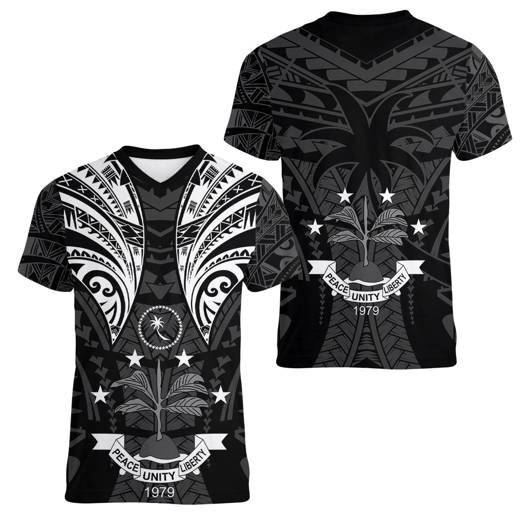 FSM Chuuk States Women V Neck T Shirt Micronesia Vintage Polynesian Tribal Black Version LT9 - Polynesian Pride