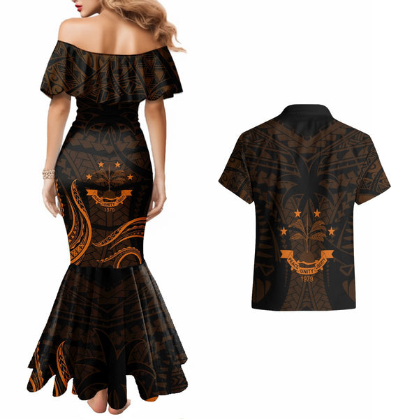 FSM Chuuk States Couples Matching Off Shoulder Maxi Dress and Hawaiian Shirt Micronesia Vintage Polynesian Tribal Gold Version LT9 main image 1