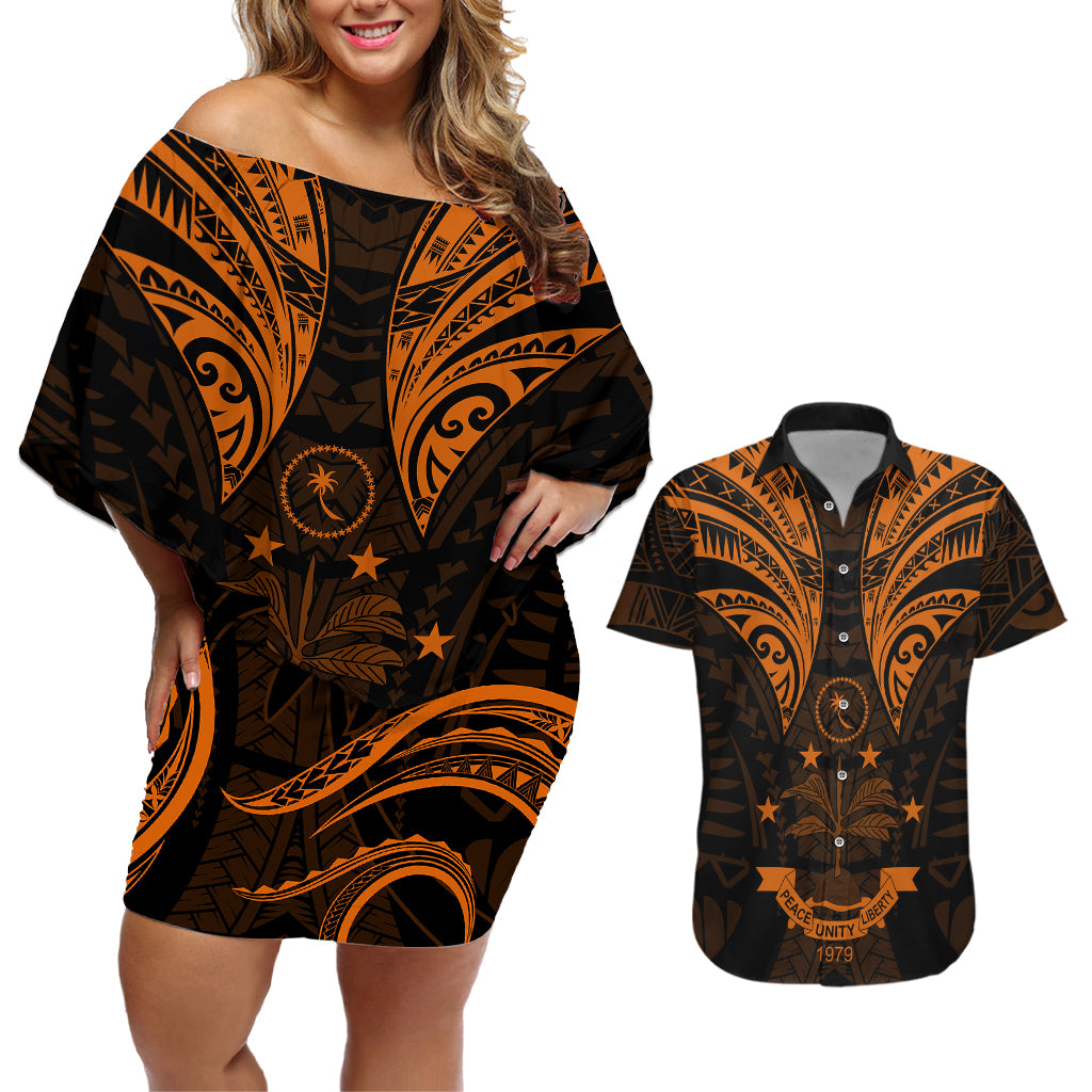 FSM Chuuk States Couples Matching Off Shoulder Short Dress and Hawaiian Shirt Micronesia Vintage Polynesian Tribal Gold Version LT9 Gold - Polynesian Pride