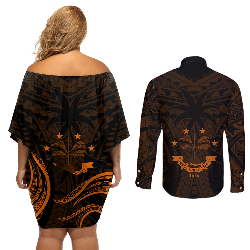 FSM Chuuk States Couples Matching Off Shoulder Short Dress and Long Sleeve Button Shirts Micronesia Vintage Polynesian Tribal Gold Version LT9 - Polynesian Pride