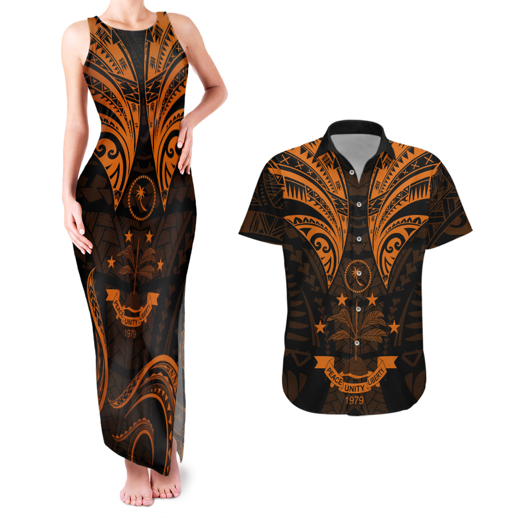 FSM Chuuk States Couples Matching Tank Maxi Dress and Hawaiian Shirt Micronesia Vintage Polynesian Tribal Gold Version LT9 Gold - Polynesian Pride
