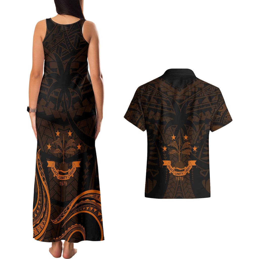 FSM Chuuk States Couples Matching Tank Maxi Dress and Hawaiian Shirt Micronesia Vintage Polynesian Tribal Gold Version LT9 - Polynesian Pride