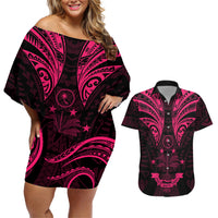 FSM Chuuk States Couples Matching Off Shoulder Short Dress and Hawaiian Shirt Micronesia Vintage Polynesian Tribal Pink Version LT9 Pink - Polynesian Pride