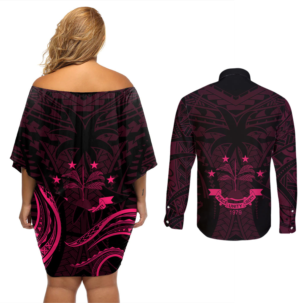 FSM Chuuk States Couples Matching Off Shoulder Short Dress and Long Sleeve Button Shirts Micronesia Vintage Polynesian Tribal Pink Version LT9 - Polynesian Pride