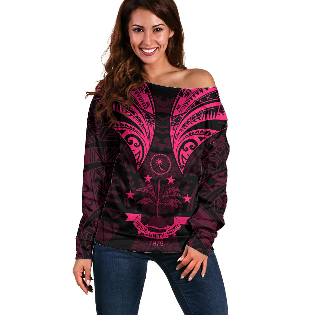 FSM Chuuk States Off Shoulder Sweater Micronesia Vintage Polynesian Tribal Pink Version LT9 Women Pink - Polynesian Pride