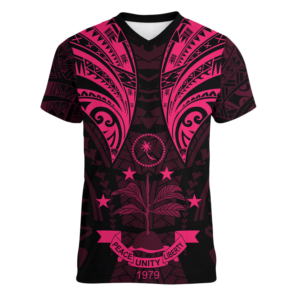 FSM Chuuk States Women V Neck T Shirt Micronesia Vintage Polynesian Tribal Pink Version LT9 Female Pink - Polynesian Pride