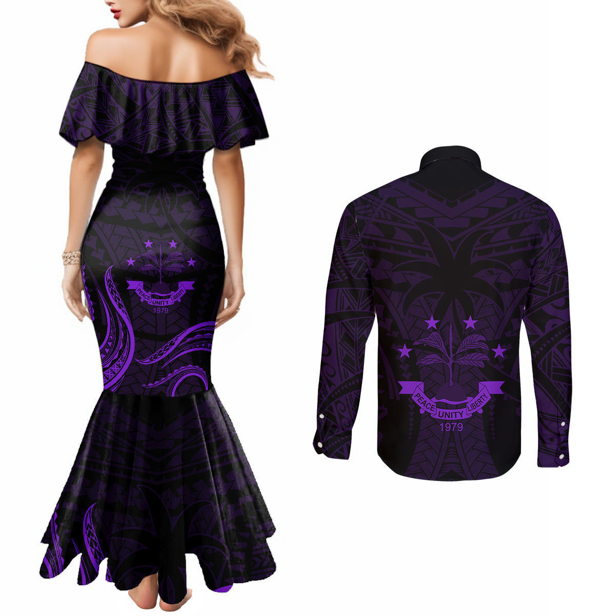 FSM Chuuk States Couples Matching Mermaid Dress and Long Sleeve Button Shirts Micronesia Vintage Polynesian Tribal Purple Version LT9 - Polynesian Pride
