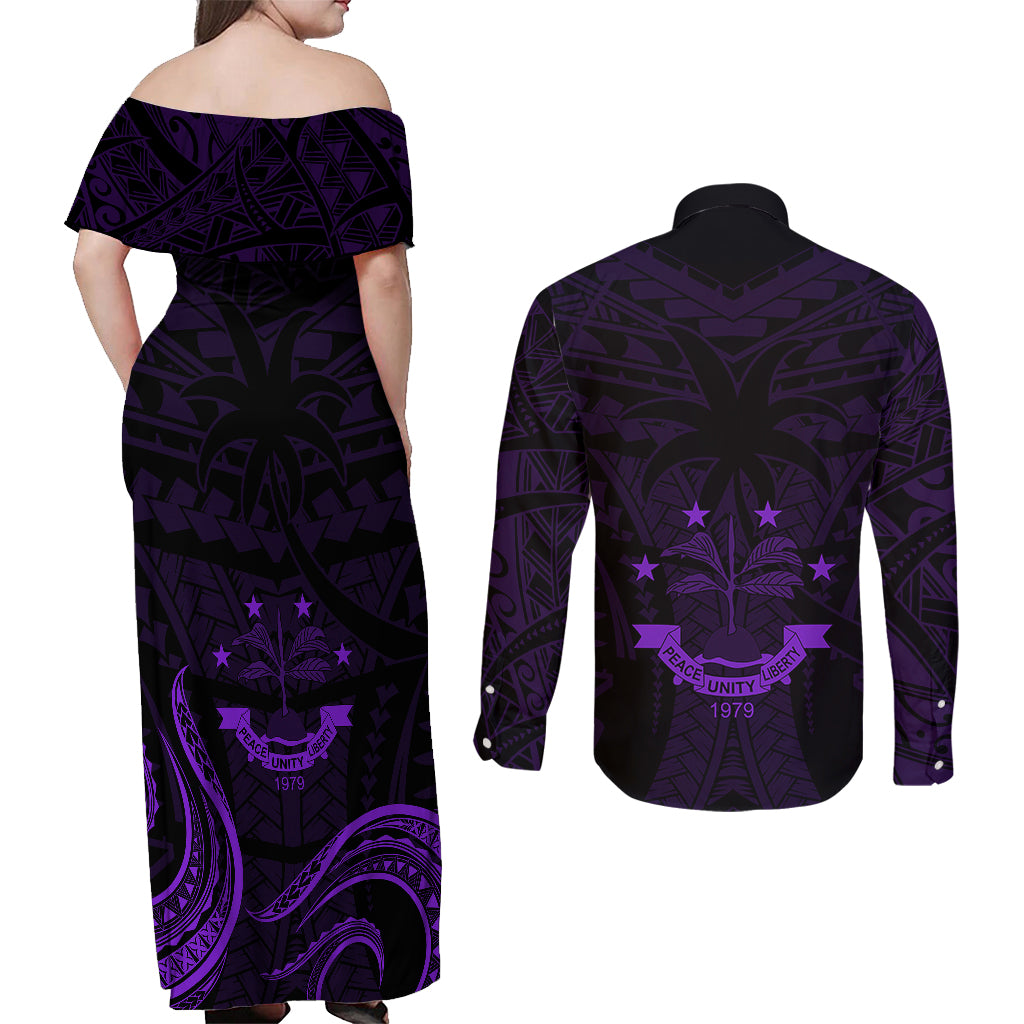FSM Chuuk States Couples Matching Off Shoulder Maxi Dress and Long Sleeve Button Shirts Micronesia Vintage Polynesian Tribal Purple Version LT9 - Polynesian Pride