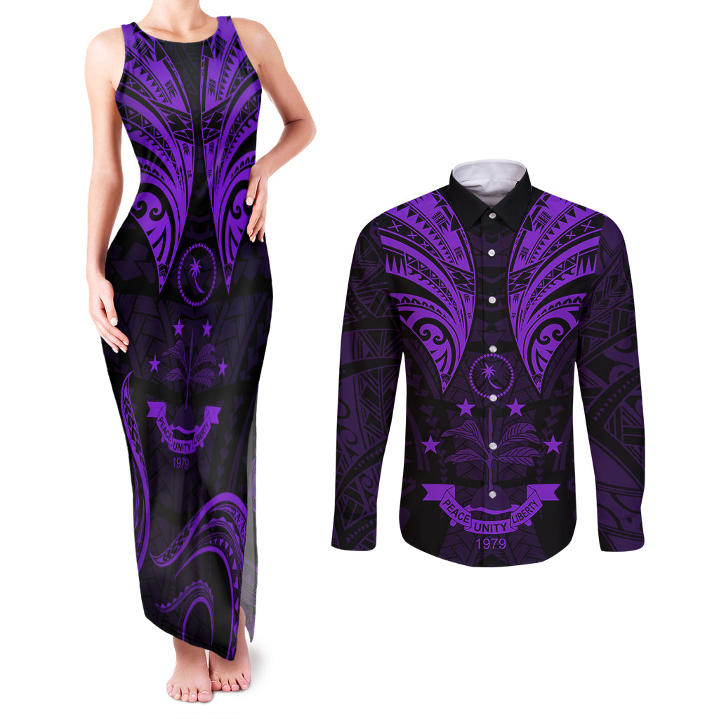 FSM Chuuk States Couples Matching Tank Maxi Dress and Long Sleeve Button Shirts Micronesia Vintage Polynesian Tribal Purple Version LT9 Purple - Polynesian Pride