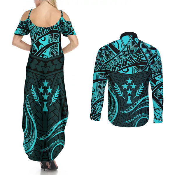 FSM Chuuk States Couples Matching Tank Maxi Dress and Long Sleeve Button Shirts Micronesia Vintage Polynesian Tribal Pink Version LT9 main image 1
