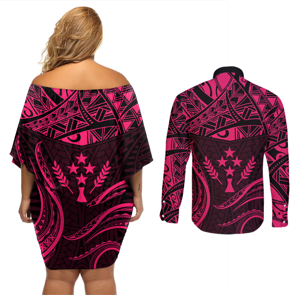 FSM Kosrae States Couples Matching Off Shoulder Short Dress and Long Sleeve Button Shirts Micronesia Vintage Polynesian Tribal Pink Version LT9 - Polynesian Pride