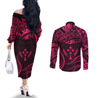 FSM Kosrae States Couples Matching Off The Shoulder Long Sleeve Dress and Long Sleeve Button Shirts Micronesia Vintage Polynesian Tribal Pink Version LT9 - Polynesian Pride