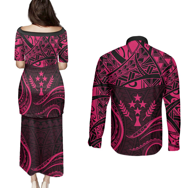 FSM Kosrae States Couples Matching Off Shoulder Short Dress and Long Sleeve Button Shirts Micronesia Vintage Polynesian Tribal Aqua Version LT9
