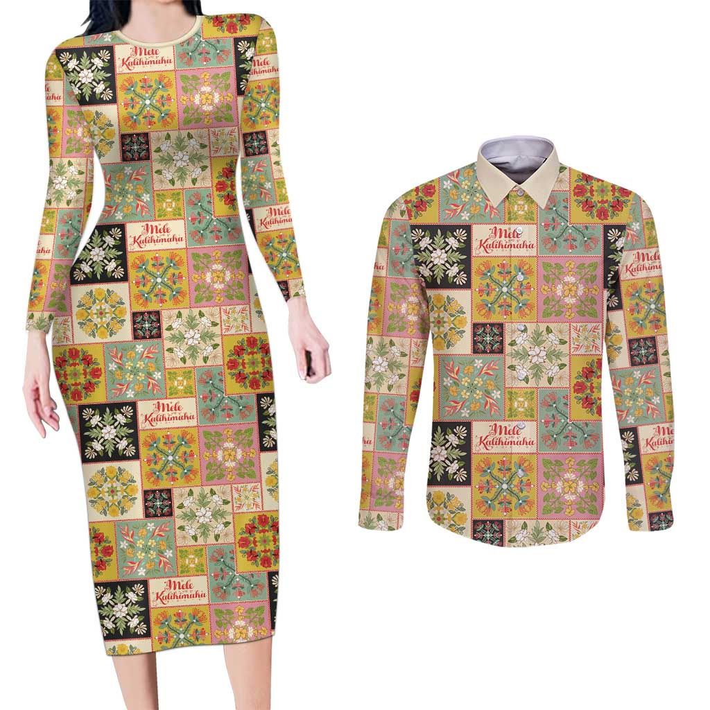 Mele Kalikimaka Hawaii Christmas Couples Matching Long Sleeve Bodycon Dress and Long Sleeve Button Shirt Melemele Mama Seamless Floral Motif - Polynesian Pride
