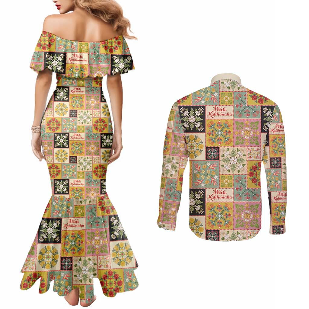 Mele Kalikimaka Hawaii Christmas Couples Matching Mermaid Dress and Long Sleeve Button Shirt Melemele Mama Seamless Floral Motif - Polynesian Pride