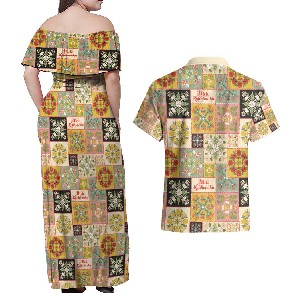 Mele Kalikimaka Hawaii Christmas Couples Matching Off Shoulder Maxi Dress and Hawaiian Shirt Melemele Mama Seamless Floral Motif - Polynesian Pride