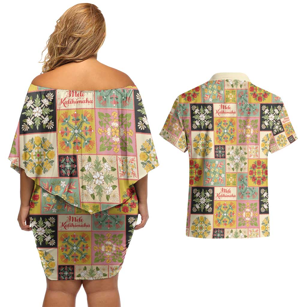 Mele Kalikimaka Hawaii Christmas Couples Matching Off Shoulder Short Dress and Hawaiian Shirt Melemele Mama Seamless Floral Motif - Polynesian Pride