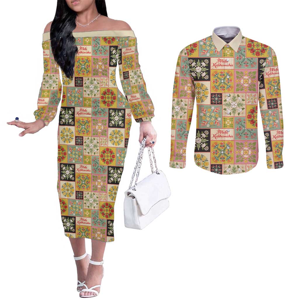 Mele Kalikimaka Hawaii Christmas Couples Matching Off The Shoulder Long Sleeve Dress and Long Sleeve Button Shirt Melemele Mama Seamless Floral Motif - Polynesian Pride