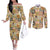 Mele Kalikimaka Hawaii Christmas Couples Matching Off The Shoulder Long Sleeve Dress and Long Sleeve Button Shirt Melemele Mama Seamless Floral Motif - Polynesian Pride