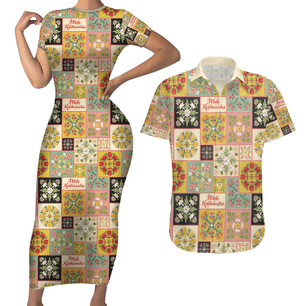 Mele Kalikimaka Hawaii Christmas Couples Matching Short Sleeve Bodycon Dress and Hawaiian Shirt Melemele Mama Seamless Floral Motif - Polynesian Pride