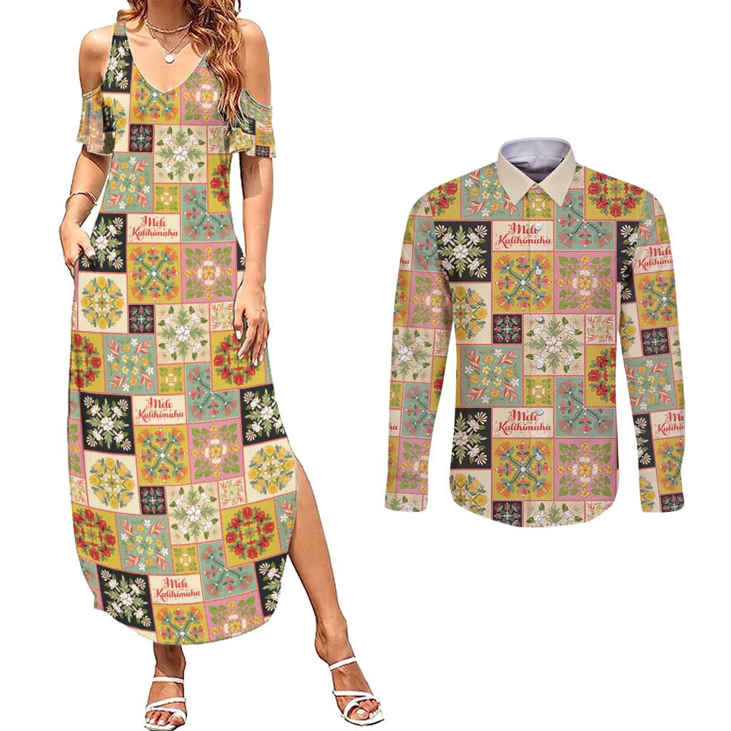 Mele Kalikimaka Hawaii Christmas Couples Matching Summer Maxi Dress and Long Sleeve Button Shirt Melemele Mama Seamless Floral Motif - Polynesian Pride