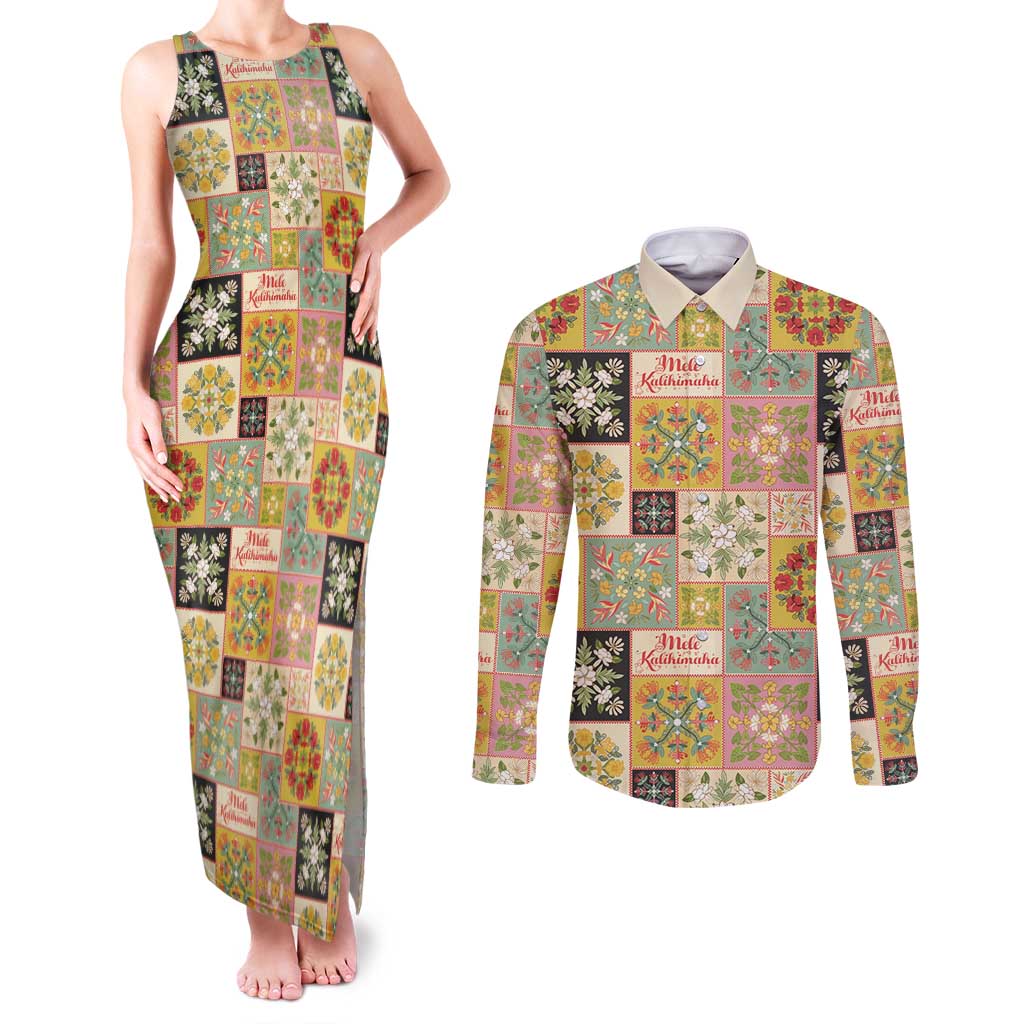 Mele Kalikimaka Hawaii Christmas Couples Matching Tank Maxi Dress and Long Sleeve Button Shirt Melemele Mama Seamless Floral Motif - Polynesian Pride