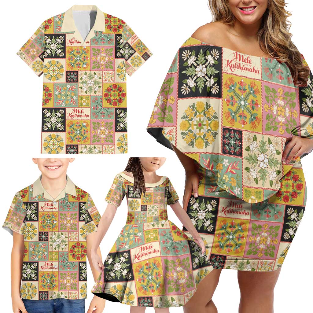 Mele Kalikimaka Hawaii Christmas Family Matching Off Shoulder Short Dress and Hawaiian Shirt Melemele Mama Seamless Floral Motif - Polynesian Pride
