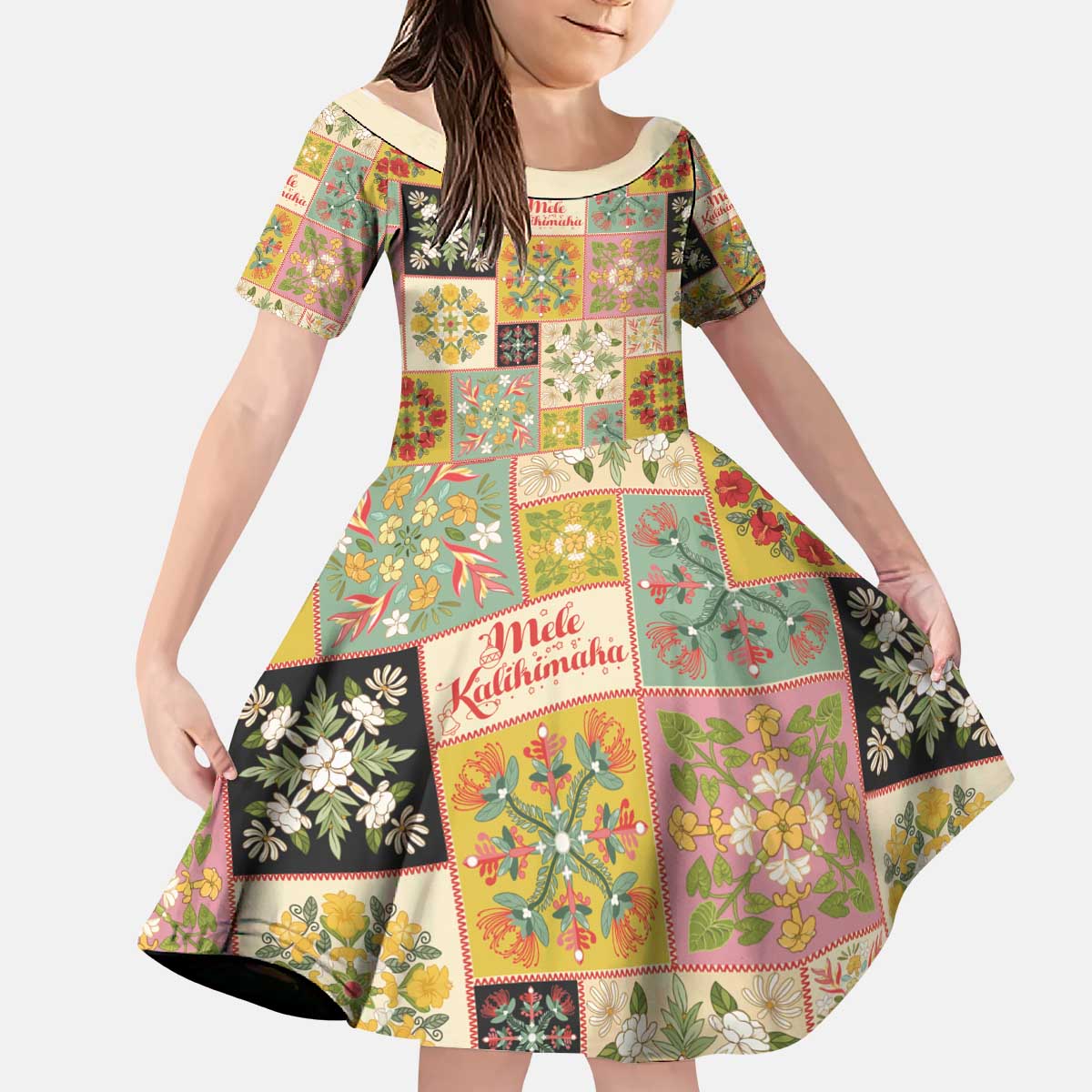 Mele Kalikimaka Hawaii Christmas Kid Short Sleeve Dress Melemele Mama Seamless Floral Motif - Polynesian Pride