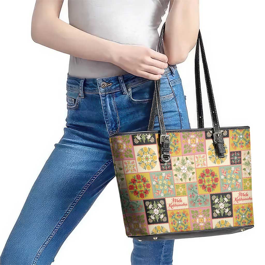 Mele Kalikimaka Hawaii Christmas Leather Tote Bag Melemele Mama Seamless Floral Motif - Polynesian Pride