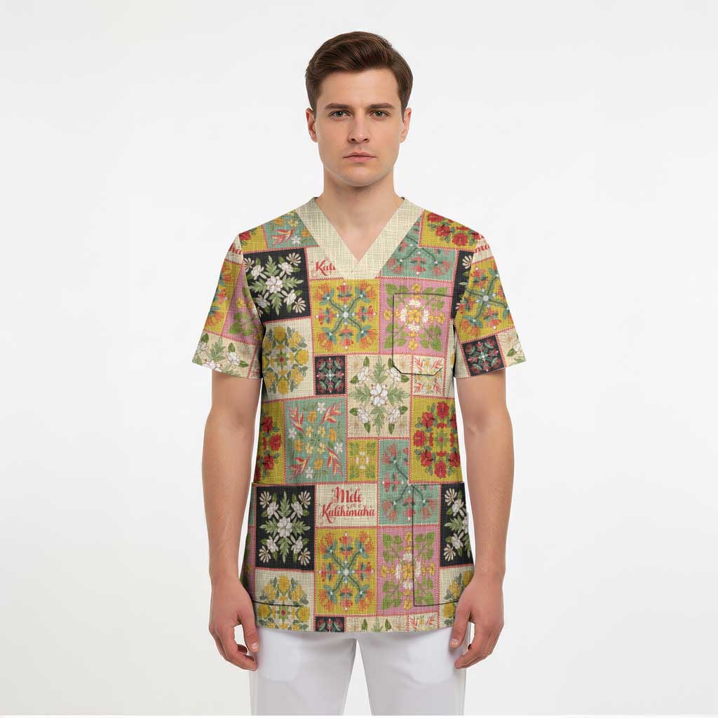 Mele Kalikimaka Hawaii Christmas Scrub Top Melemele Mama Seamless Floral Motif - Polynesian Pride