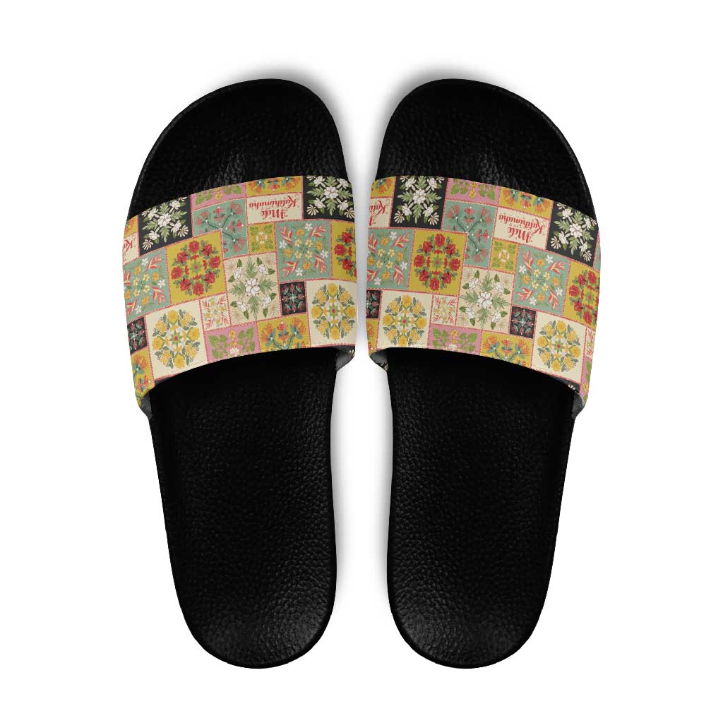 Mele Kalikimaka Hawaii Christmas Slide Sandals Melemele Mama Seamless Floral Motif - Polynesian Pride