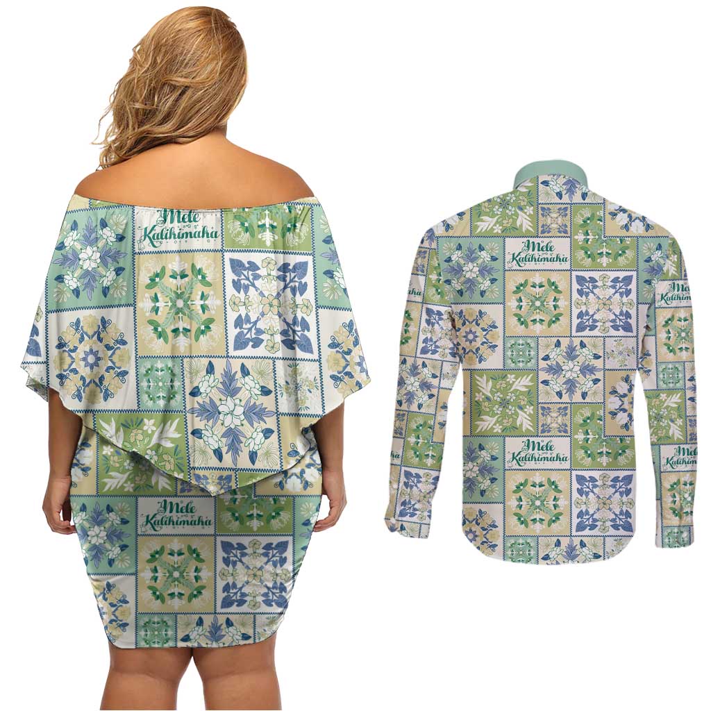 Mele Kalikimaka Hawaii Christmas Couples Matching Off Shoulder Short Dress and Long Sleeve Button Shirt Omaomao Seamless Floral Motif - Polynesian Pride