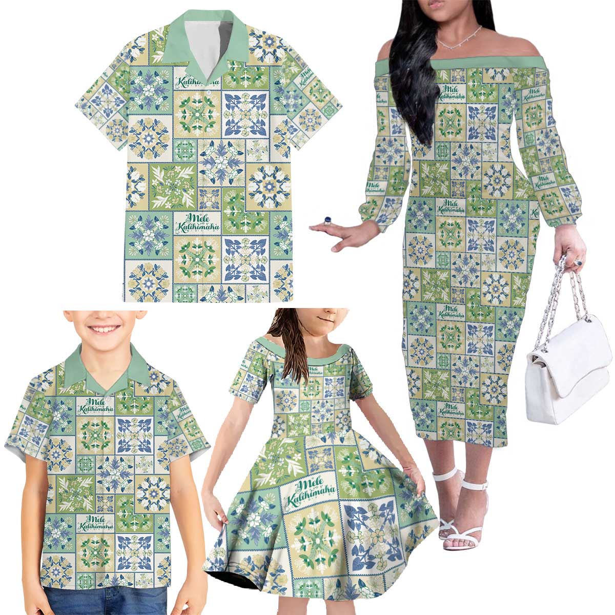 Mele Kalikimaka Hawaii Christmas Family Matching Off The Shoulder Long Sleeve Dress and Hawaiian Shirt Omaomao Seamless Floral Motif - Polynesian Pride