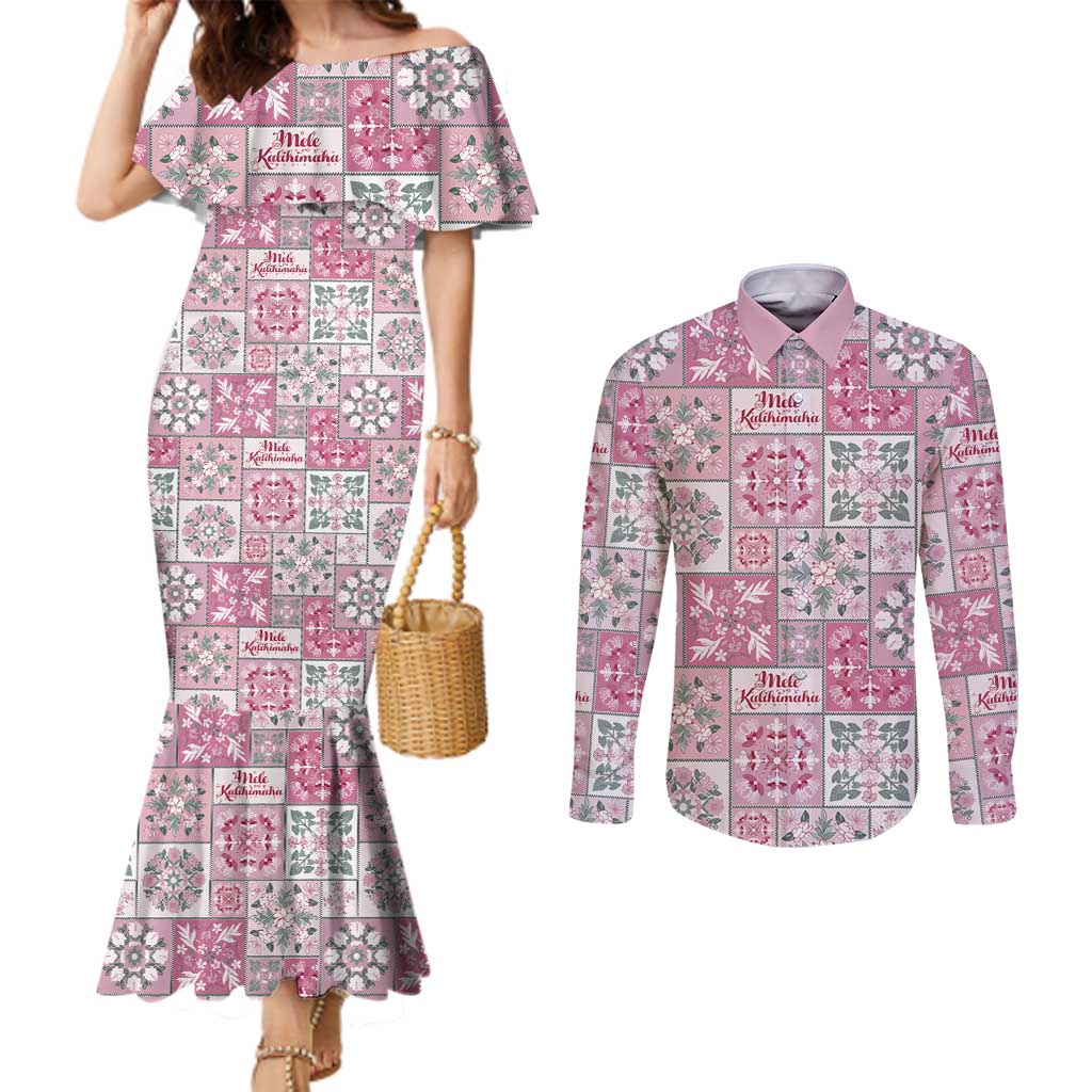Mele Kalikimaka Hawaii Christmas Couples Matching Mermaid Dress and Long Sleeve Button Shirt Akala Seamless Floral Motif - Polynesian Pride