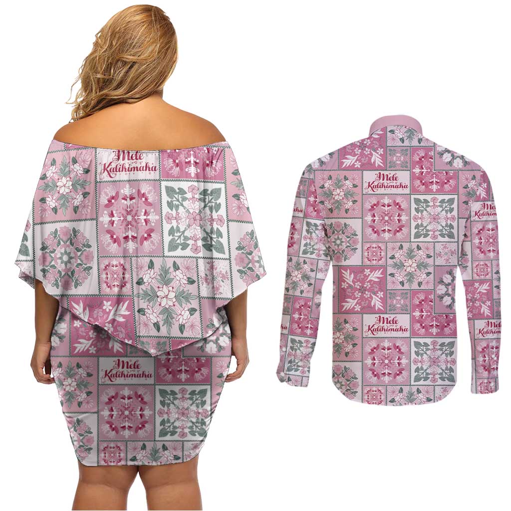 Mele Kalikimaka Hawaii Christmas Couples Matching Off Shoulder Short Dress and Long Sleeve Button Shirt Akala Seamless Floral Motif - Polynesian Pride
