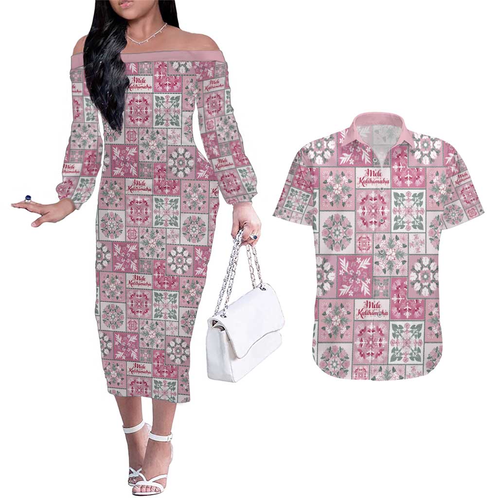 Mele Kalikimaka Hawaii Christmas Couples Matching Off The Shoulder Long Sleeve Dress and Hawaiian Shirt Akala Seamless Floral Motif - Polynesian Pride