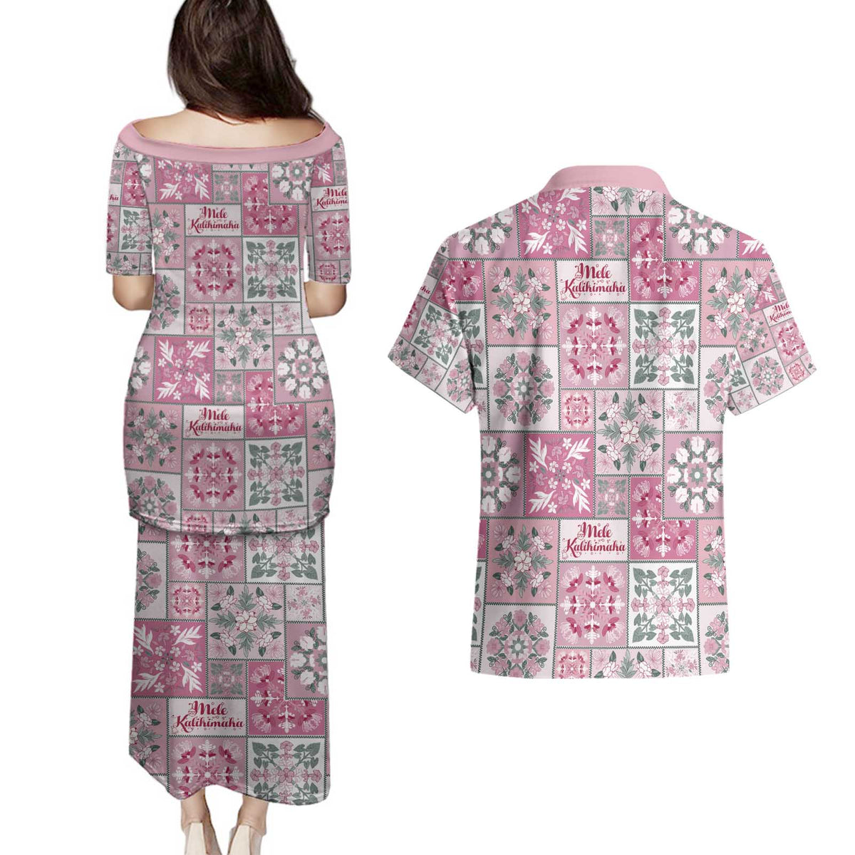 Mele Kalikimaka Hawaii Christmas Couples Matching Puletasi and Hawaiian Shirt Akala Seamless Floral Motif - Polynesian Pride