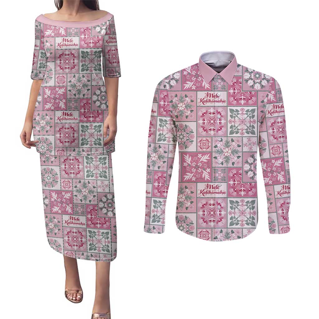 Mele Kalikimaka Hawaii Christmas Couples Matching Puletasi and Long Sleeve Button Shirt Akala Seamless Floral Motif - Polynesian Pride